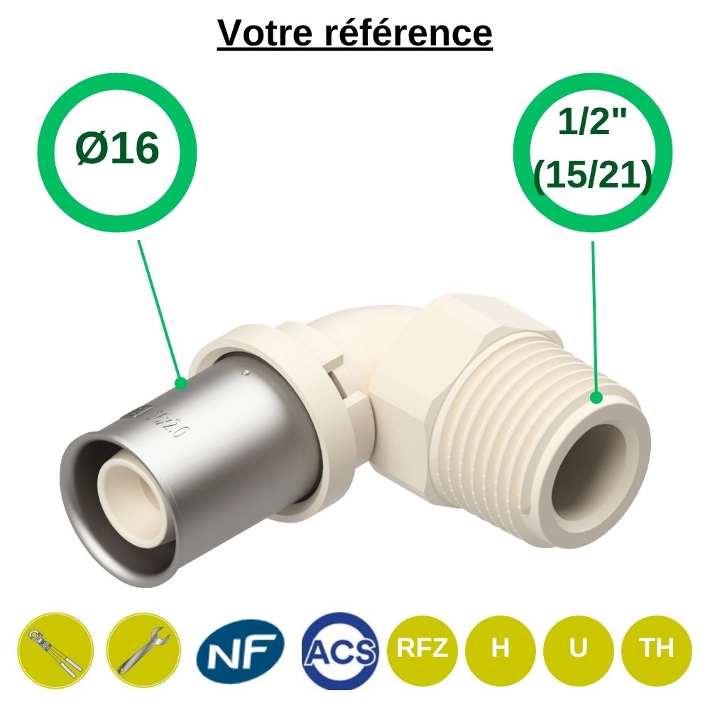 Coude 90° multicouche à sertir Ø16 - mâle 1/2'' (15/21) - Fixomultix
