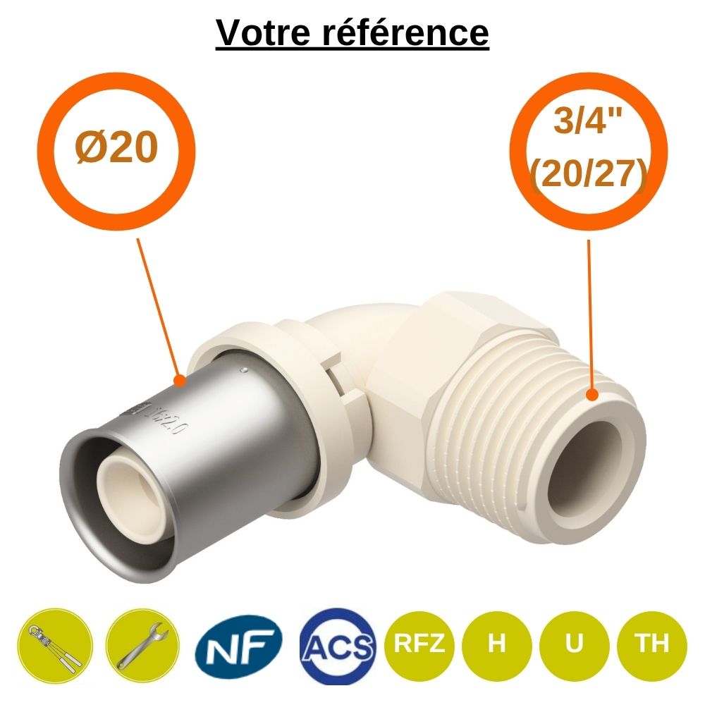 Coude 90° multicouche à sertir Ø20 - mâle 3/4'' (20/27) - Fixomultix