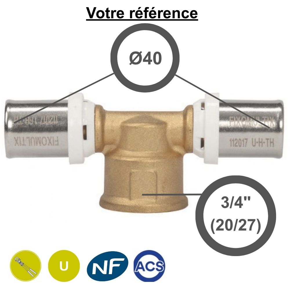 Té multicouche à sertir Ø40 et centre femelle 3/4'' (20/27) - Somatherm