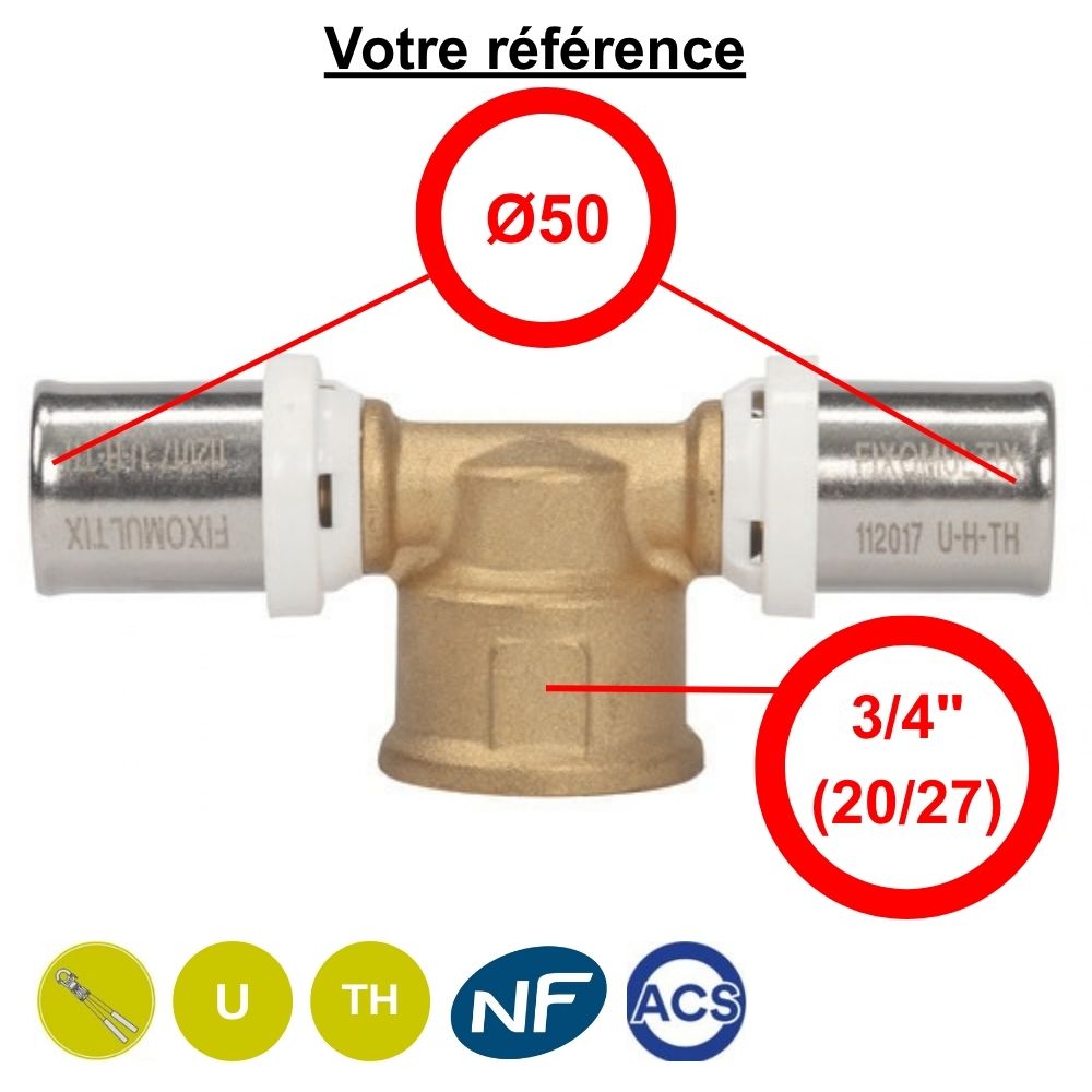 Té multicouche à sertir Ø50 et centre femelle 3/4'' (20/27) - Somatherm