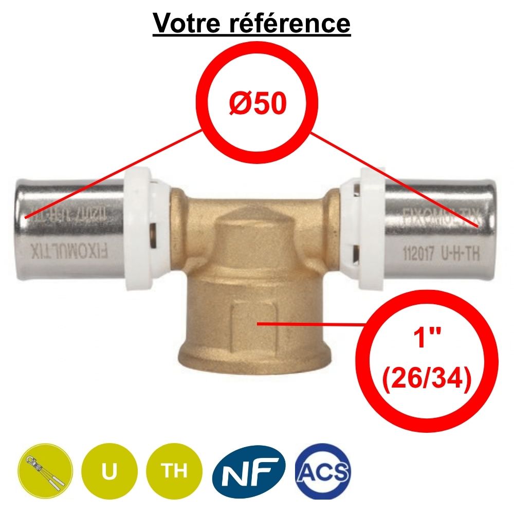 Té multicouche à sertir Ø50 et centre femelle 1'' (26/34) - Somatherm