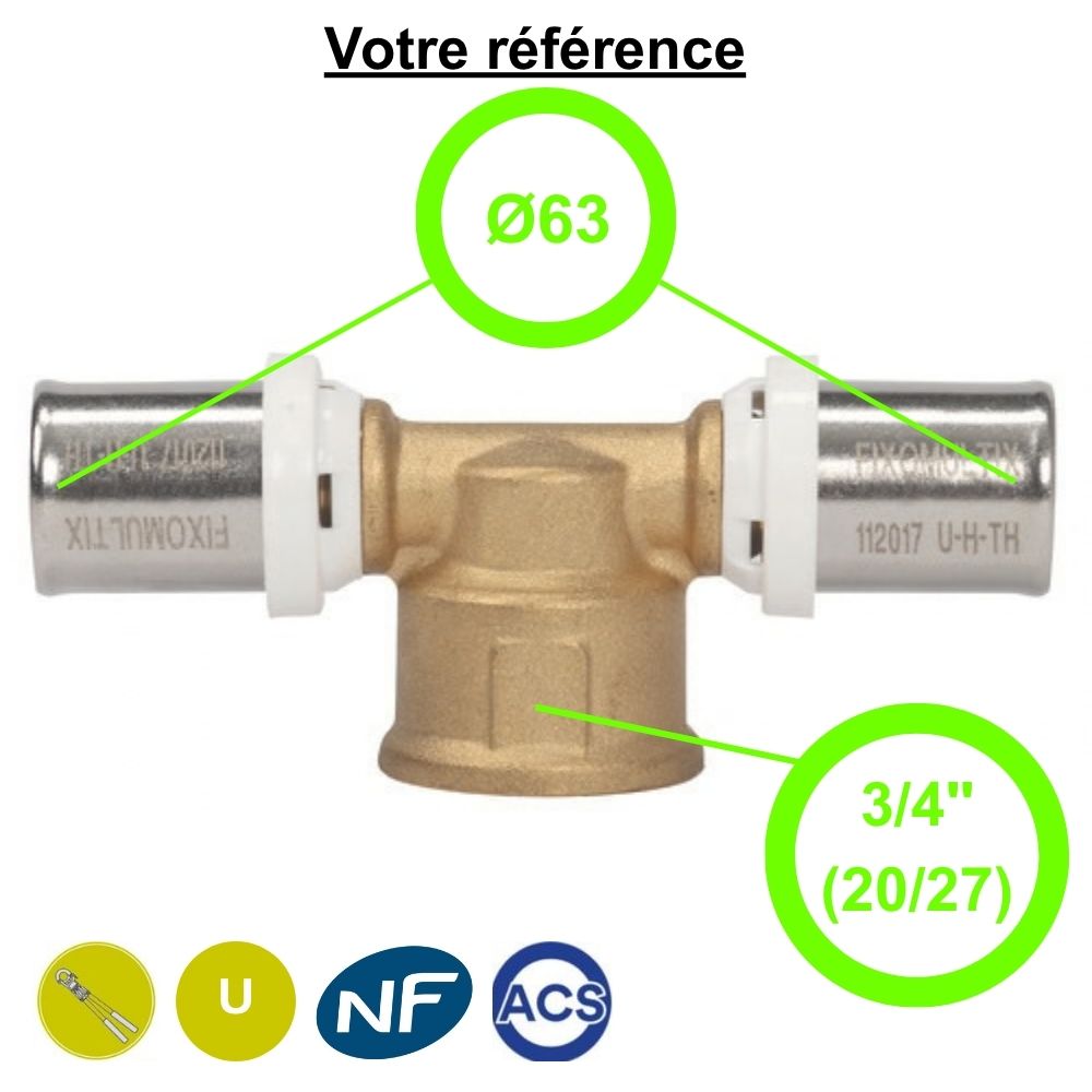 Té multicouche à sertir Ø63 et centre femelle 3/4'' (20/27) - Somatherm