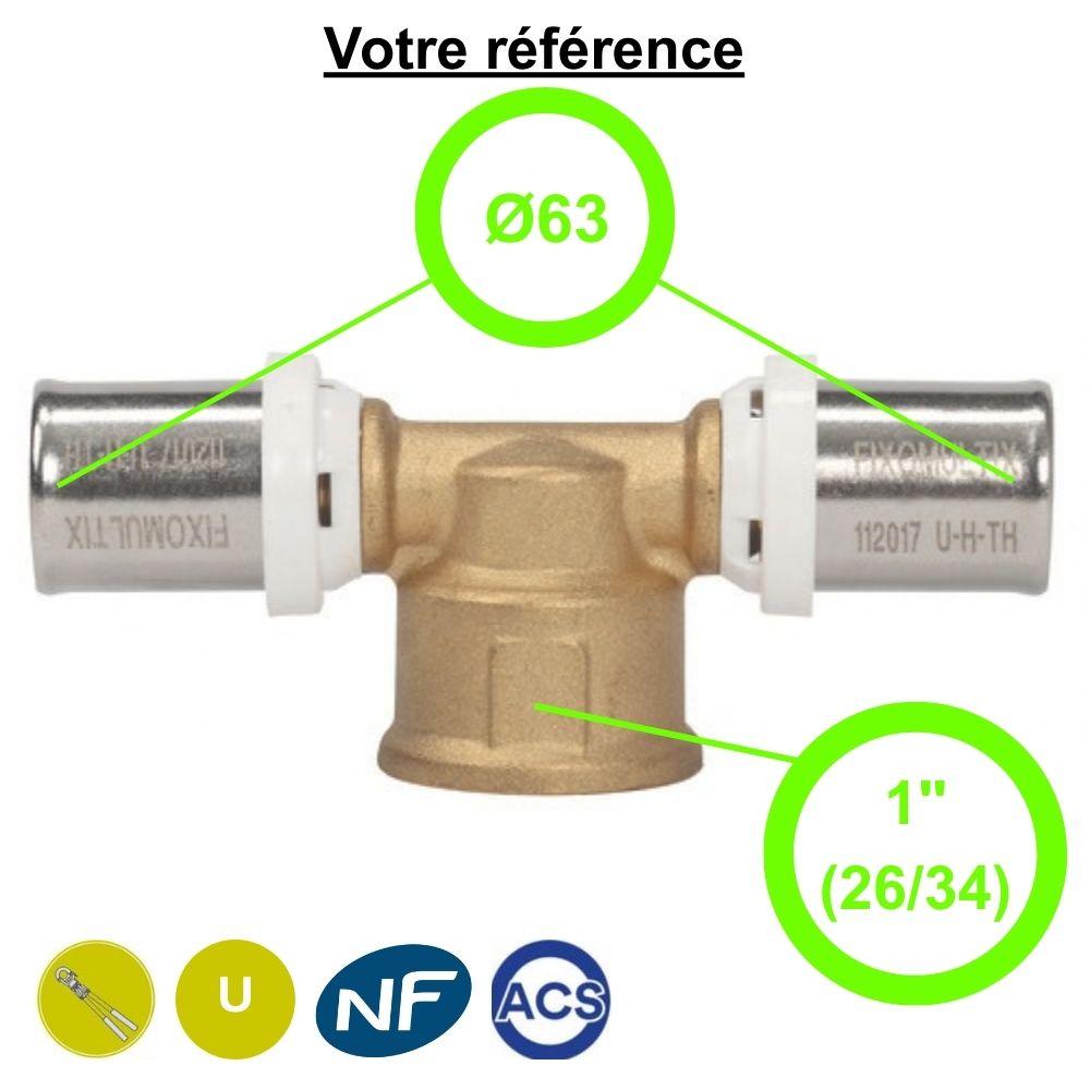 Té multicouche à sertir Ø63 et centre femelle 1'' (26/34) - Somatherm