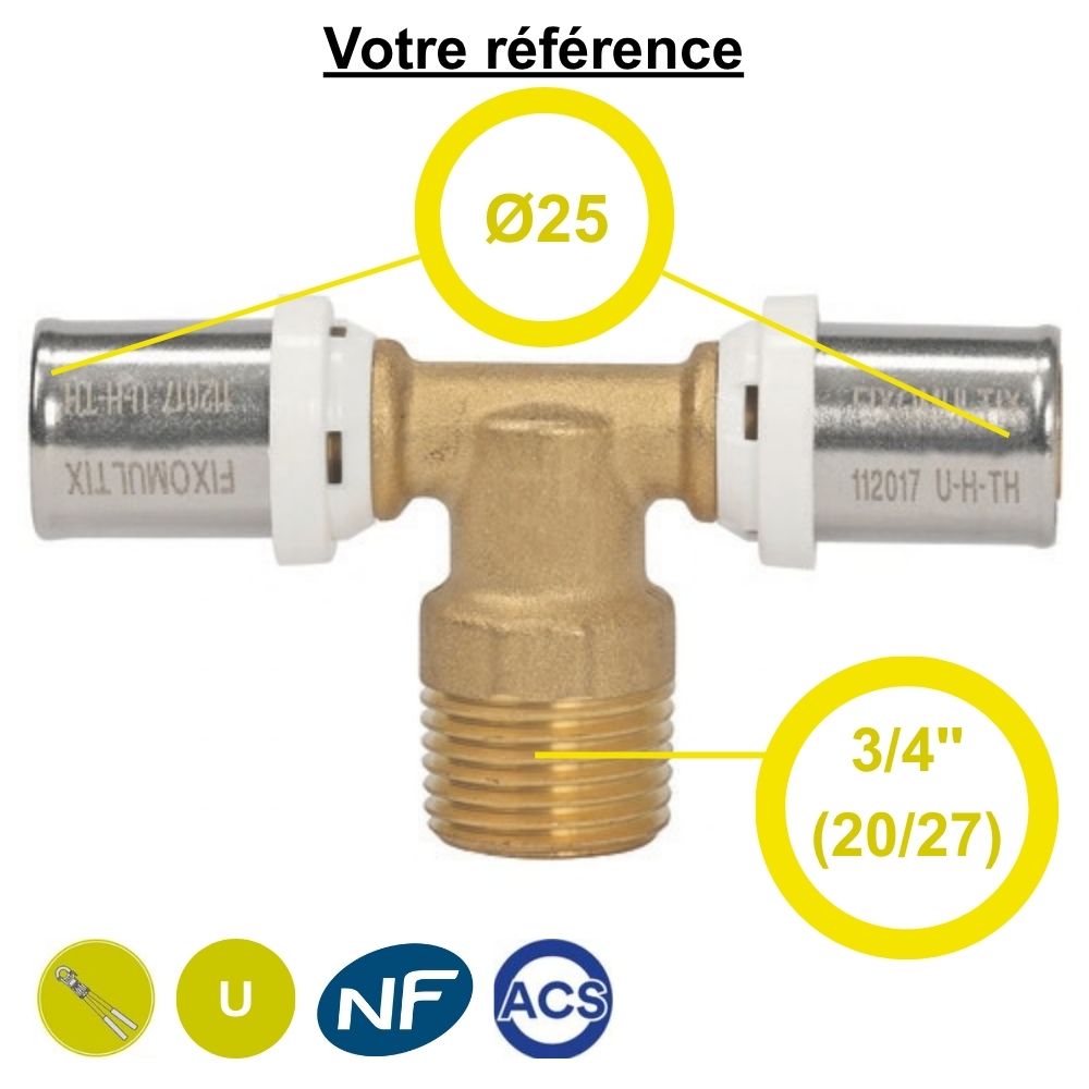 Té multicouche à sertir Ø25 et centre mâle 3/4'' (20/27) - Somatherm