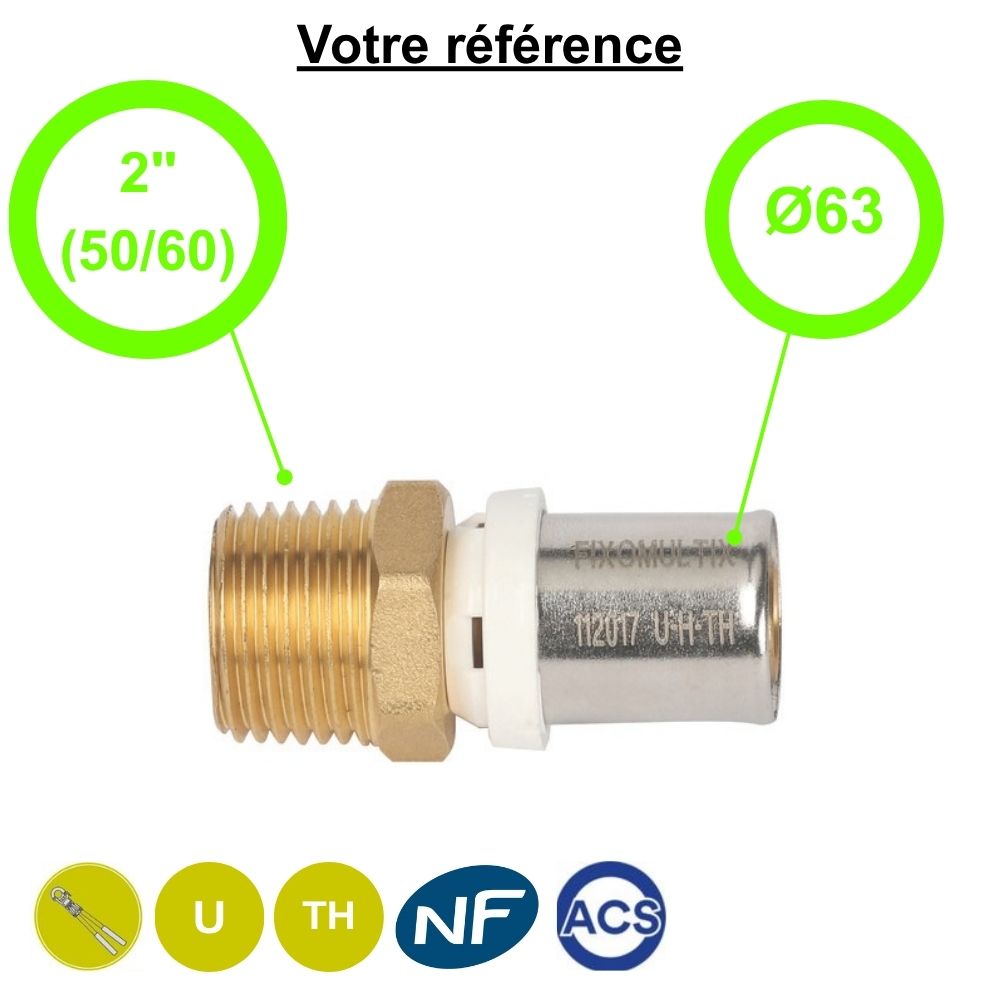 Raccord multicouche droit à sertir Ø63 - mâle 2'' (50/60)