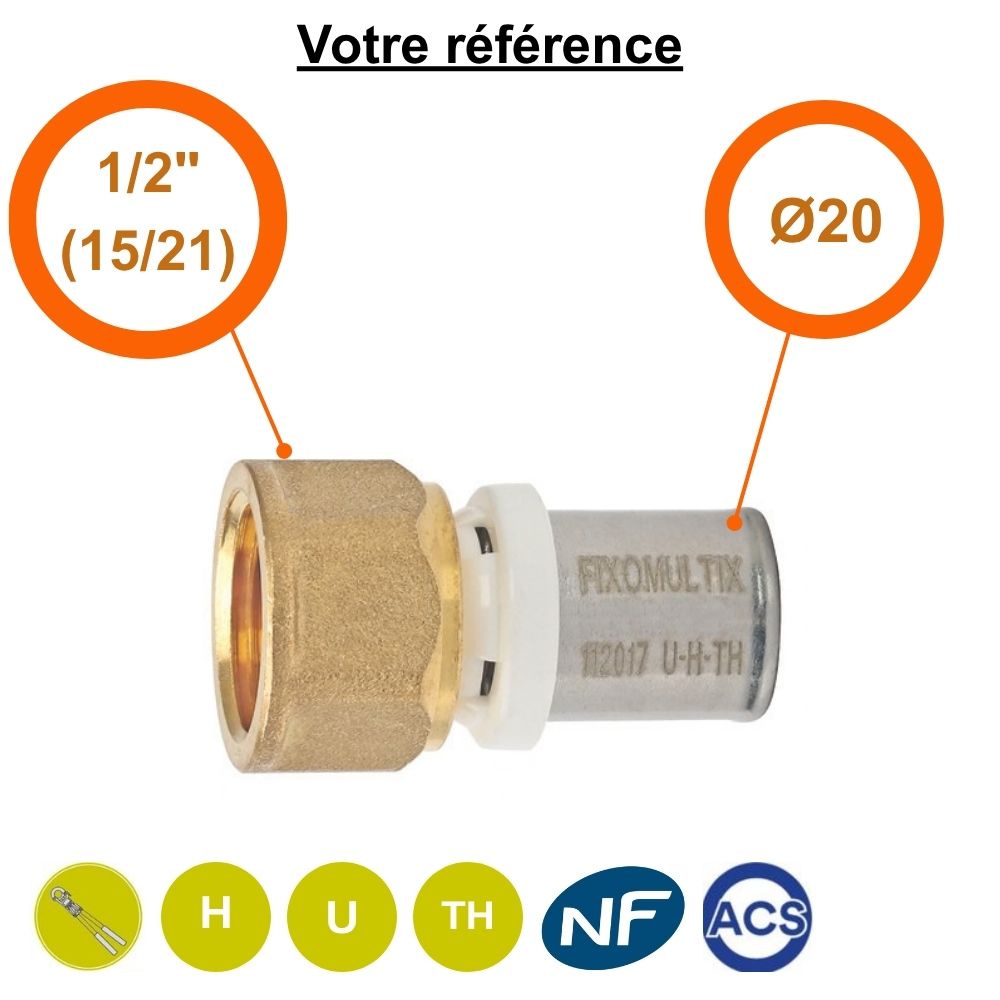 Raccord multicouche droit à sertir Ø20 - femelle 1/2'' (15/21)