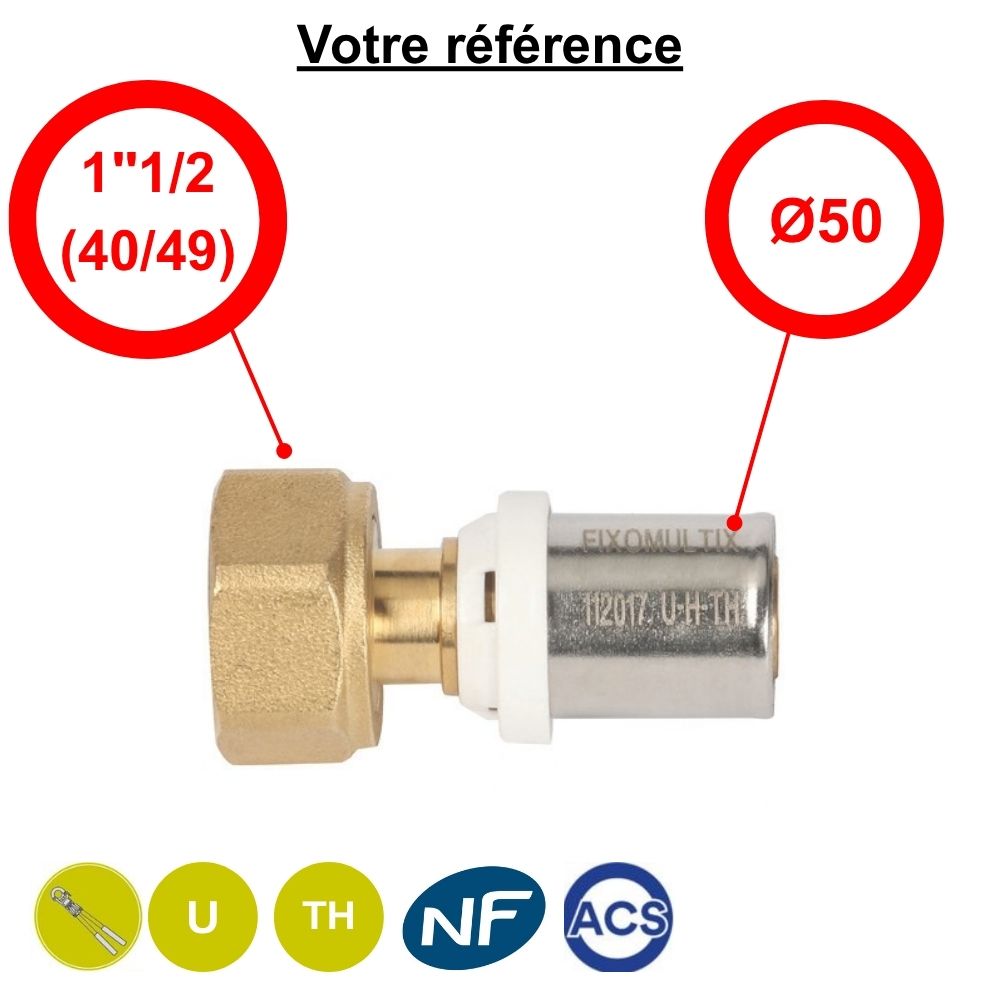 Raccord multicouche droit à sertir Ø50 - écrou tournant femelle 1''1/2 (40/49)