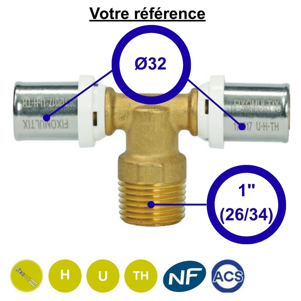 Té multicouche à sertir Ø32 et centre mâle 1'' (26/34) - Somatherm