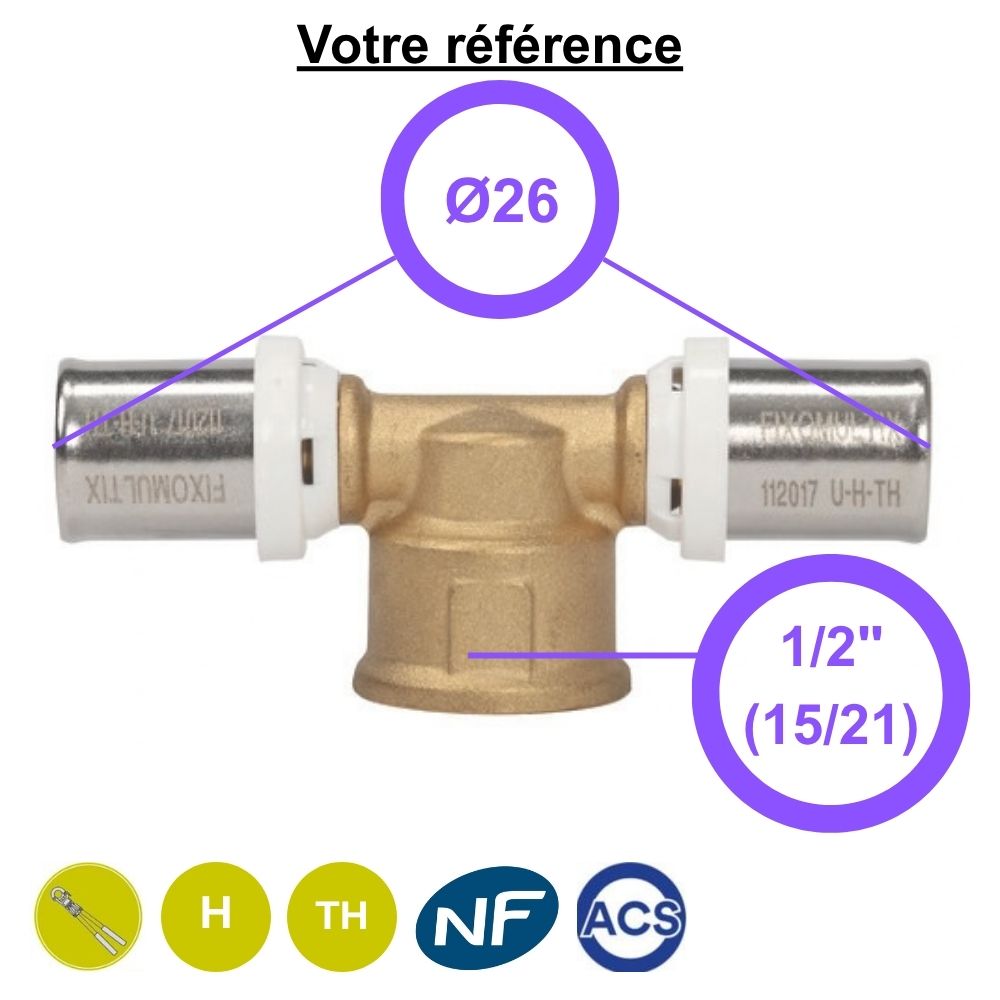 Té multicouche à sertir Ø26 et centre femelle 1/2'' (15/21) - Somatherm