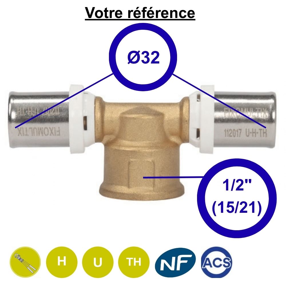 Té multicouche à sertir Ø32 et centre femelle 1/2'' (15/21) - Somatherm