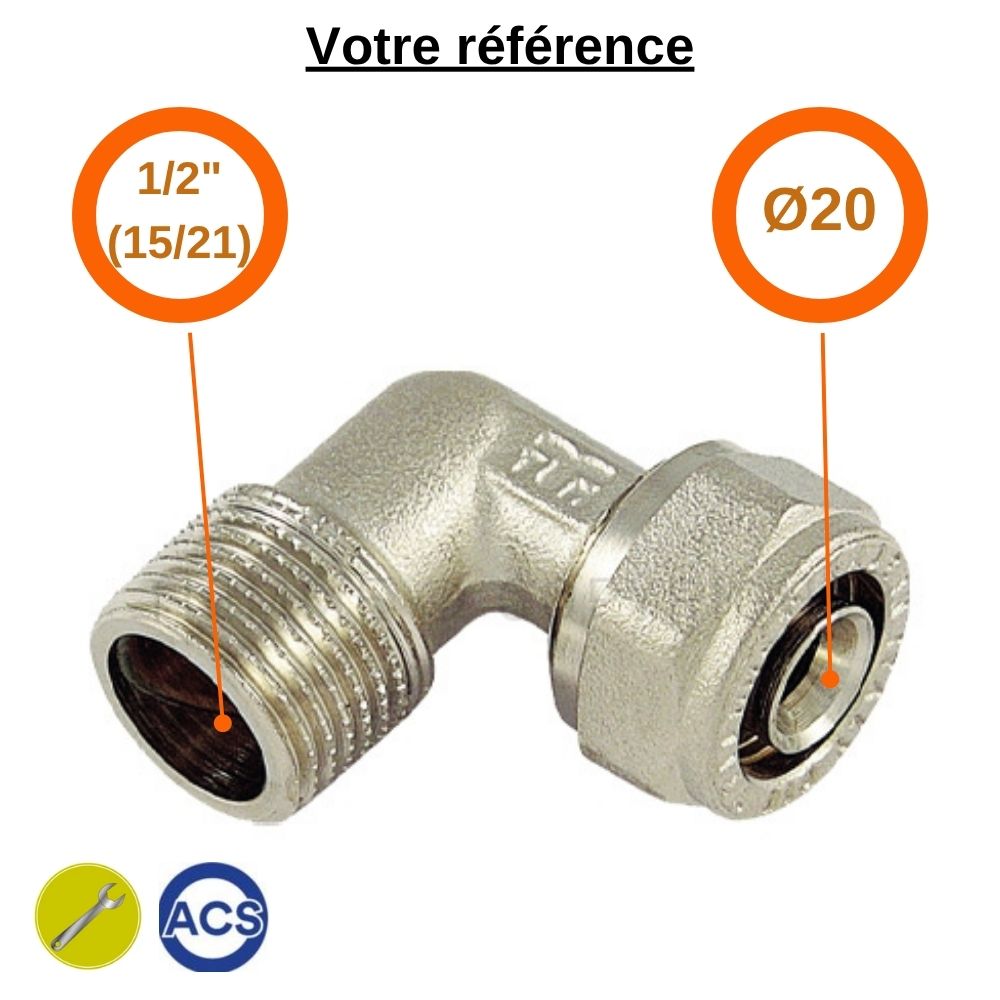 Coude mâle multicouche à compression Ø20 - mâle 1/2'' (15/21) - Tiemme