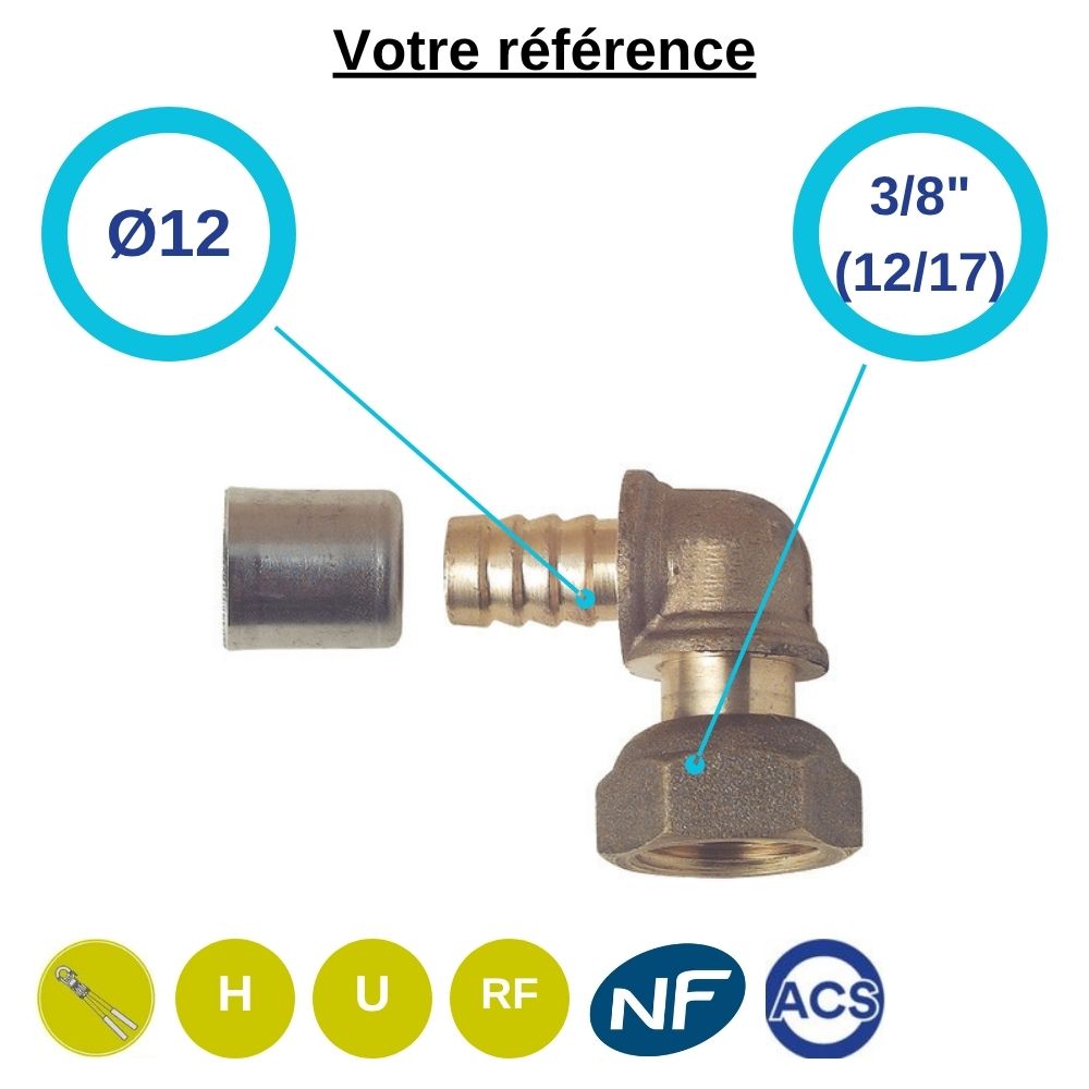 Coude femelle à sertir PER Ø12 - écrou tournant femelle 3/8'' (12/17) - Somatherm