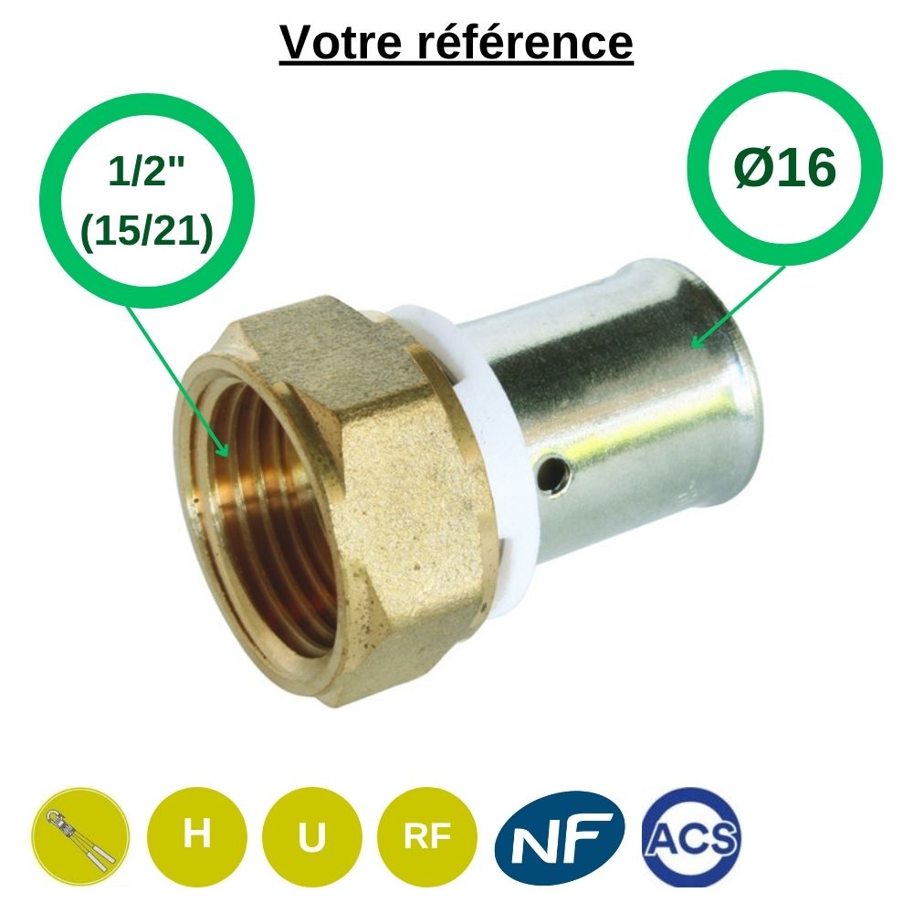 Raccord PER droit à sertir Ø16 - femelle 1/2" (15/21) - Somatherm