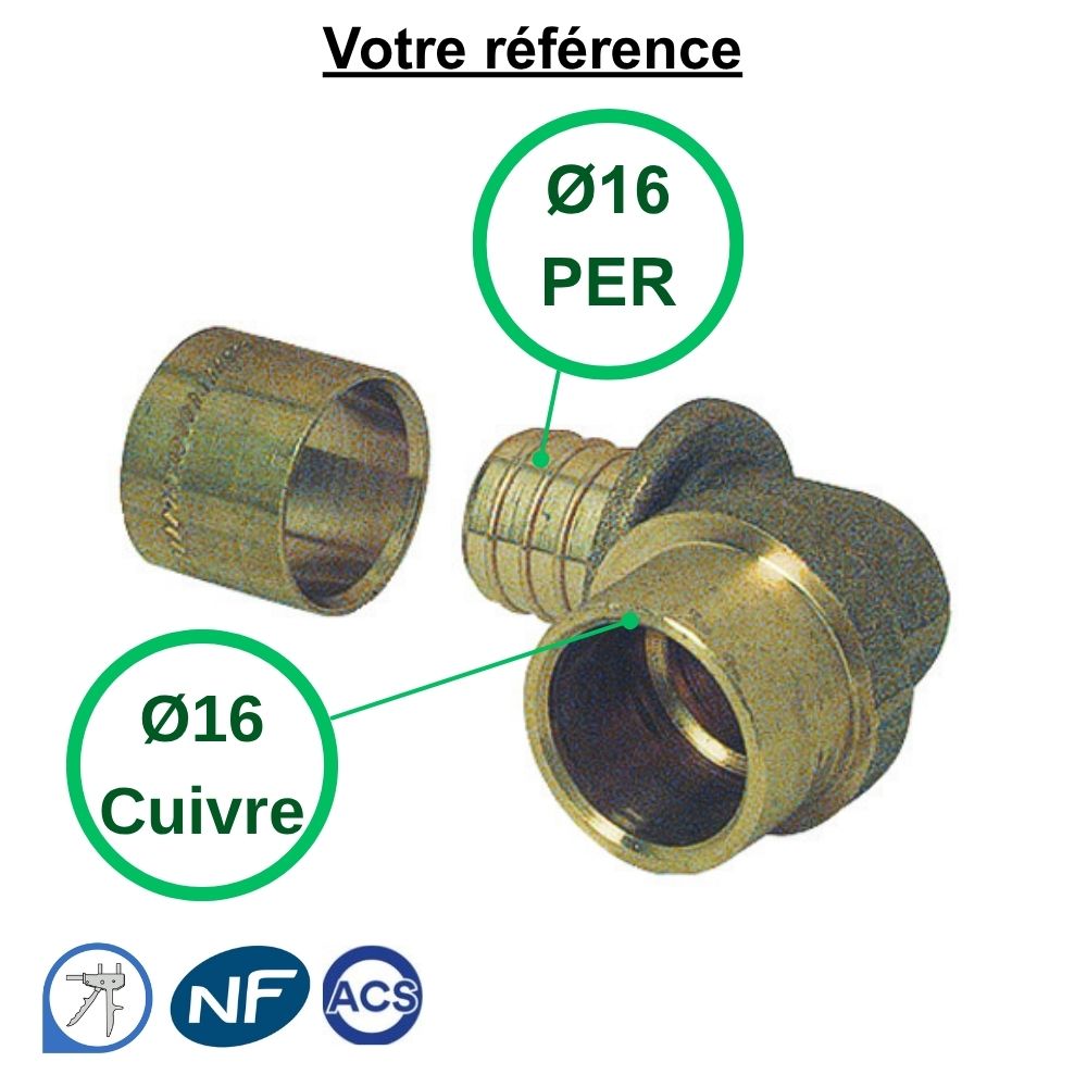 Raccord union PER mixte à glissement - coudé égal PER et cuivre Ø16 - Somatherm