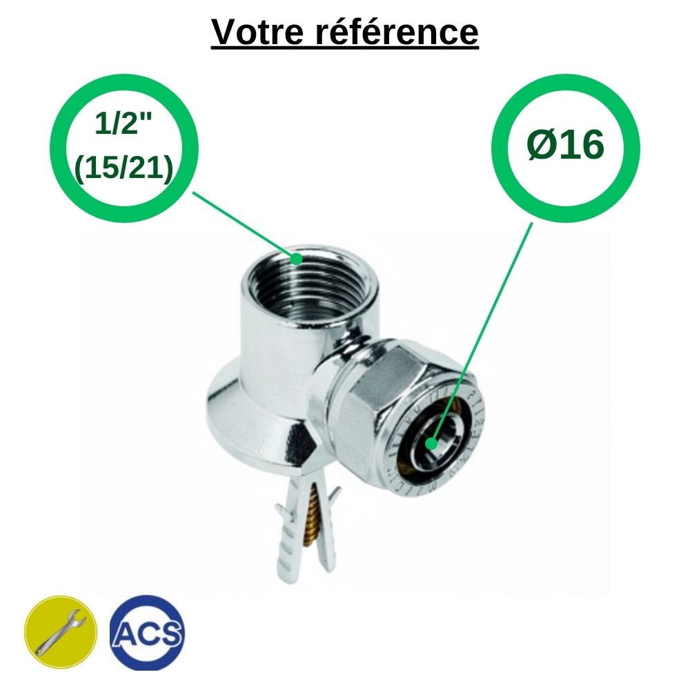 Coude applique chromé multicouche à compression Ø16 - femelle 1/2'' (15/21) - Tiemme