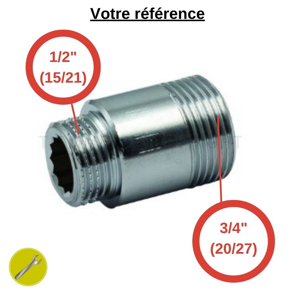 Rallonge filetée mâle 1/2'' (15/21) mâle 3/4'' (20/27) - longueur 30 mm - Tiemme