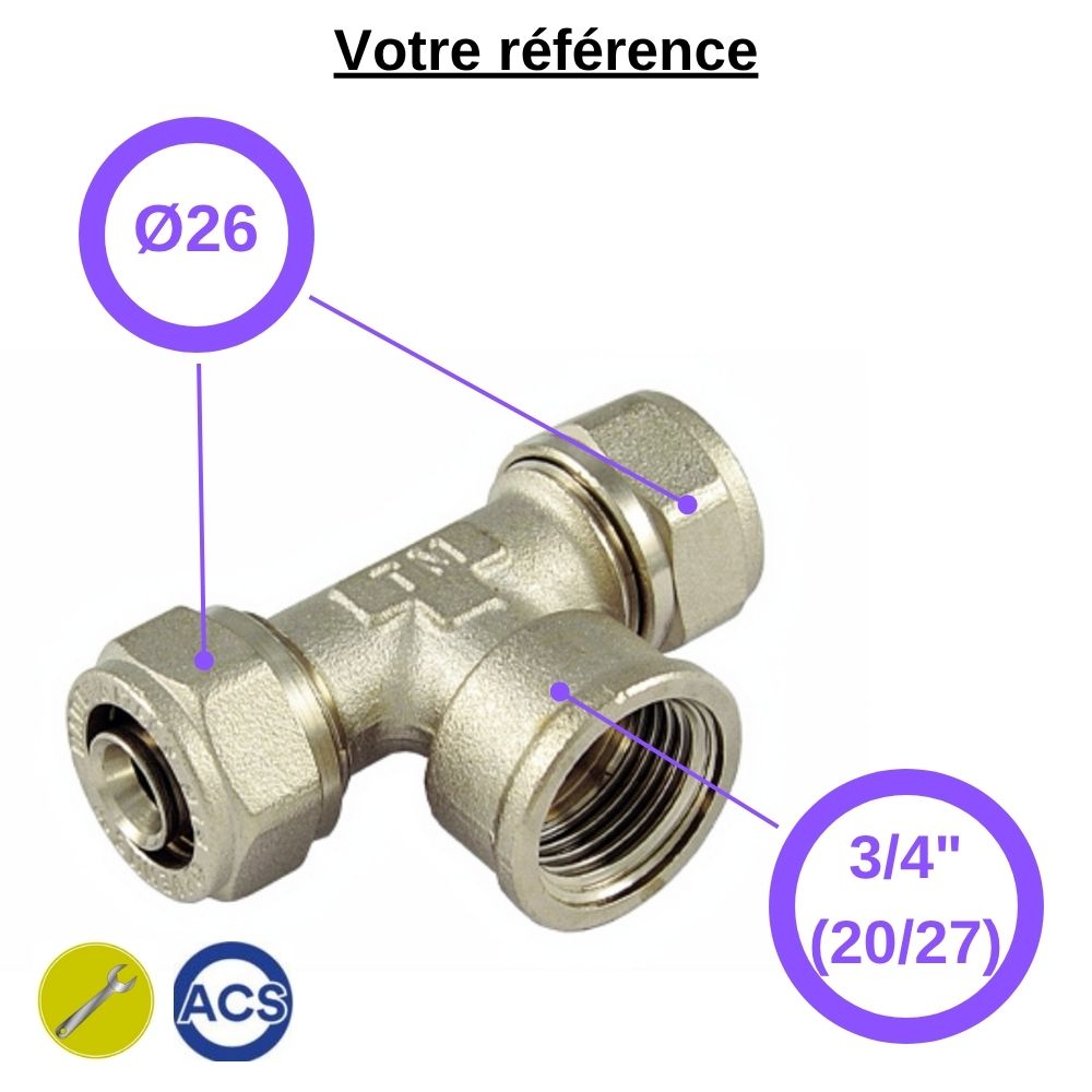 Té multicouche à compression Ø26 et centre femelle 3/4'' (20/27) - Tiemme