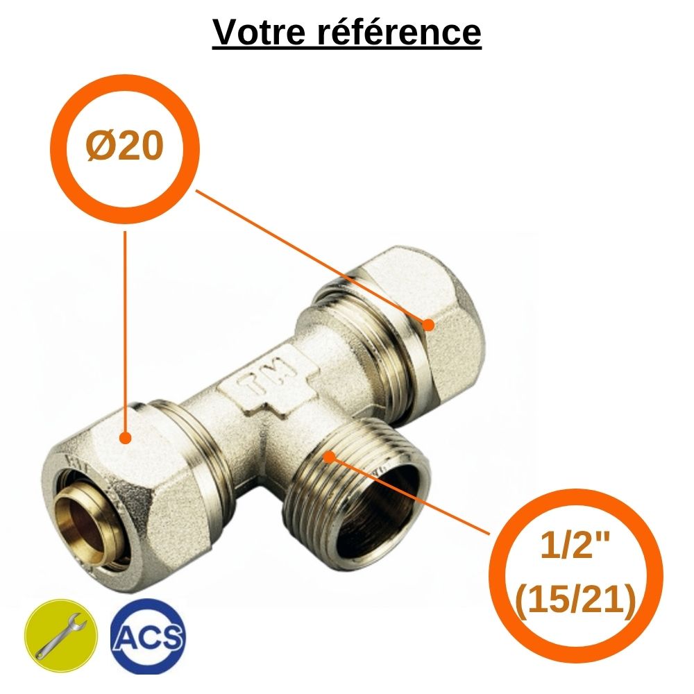 Té multicouche à compression Ø20 et centre mâle 1/2'' (15/21) - Tiemme