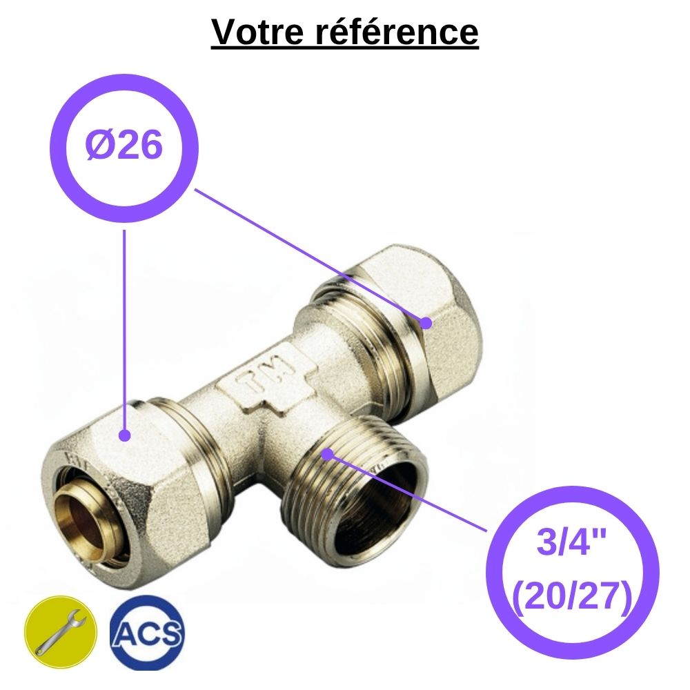 Té multicouche à compression Ø26 et centre mâle 3/4'' (20/27) - Tiemme