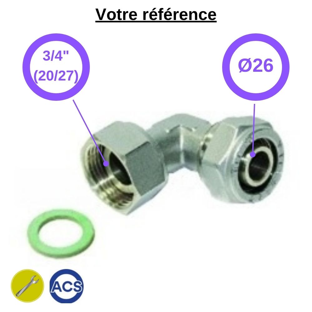 Coude multicouche à compression Ø26 - écrou tournant femelle 3/4'' (20/27) - Tiemme