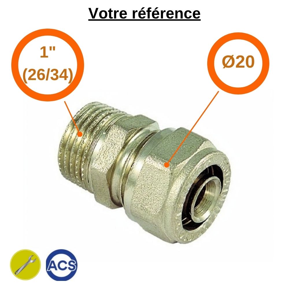 Raccord multicouche droit à compression Ø20 - mâle 1'' (26/34) - Tiemme