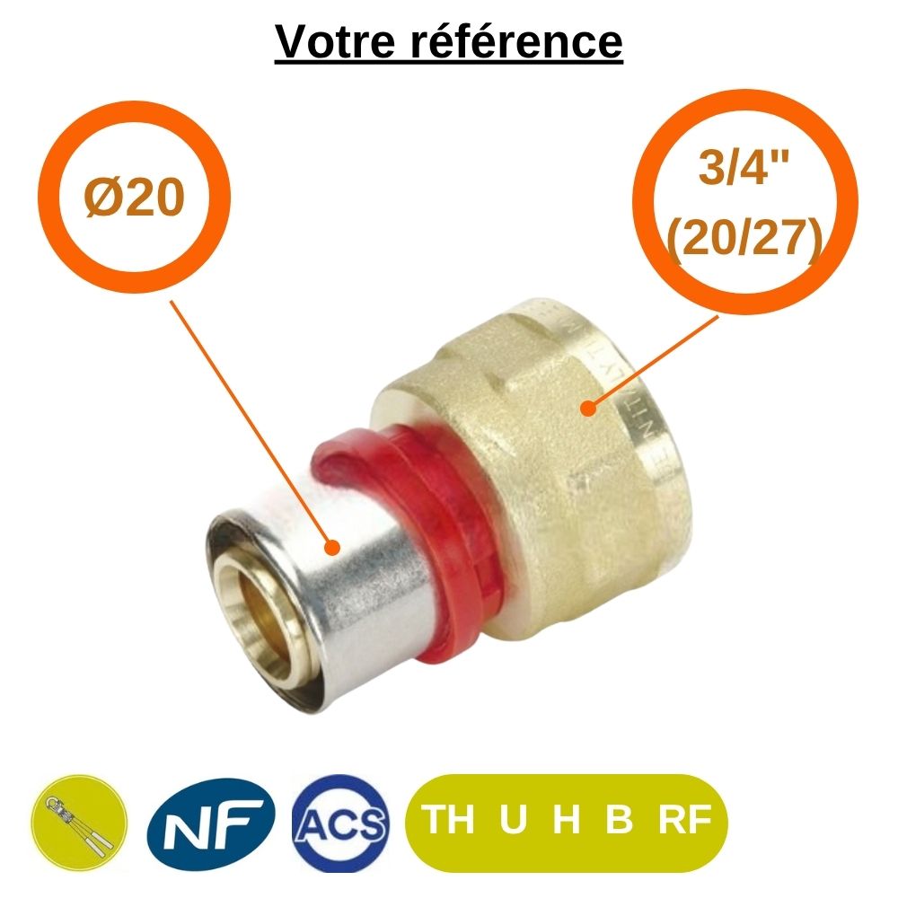 Raccord multicouche droit à sertir Ø20 - femelle 3/4'' (20/27) - Tiemme