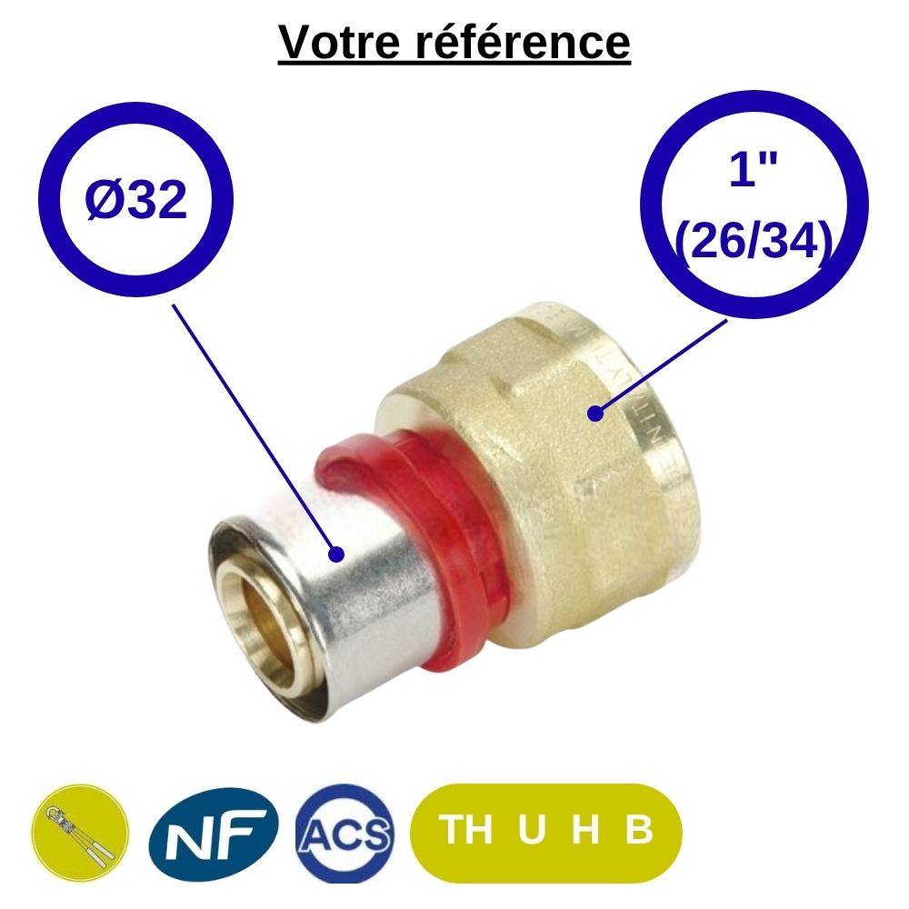 Raccord multicouche droit à sertir Ø32 - femelle 1'' (26/34) - Tiemme