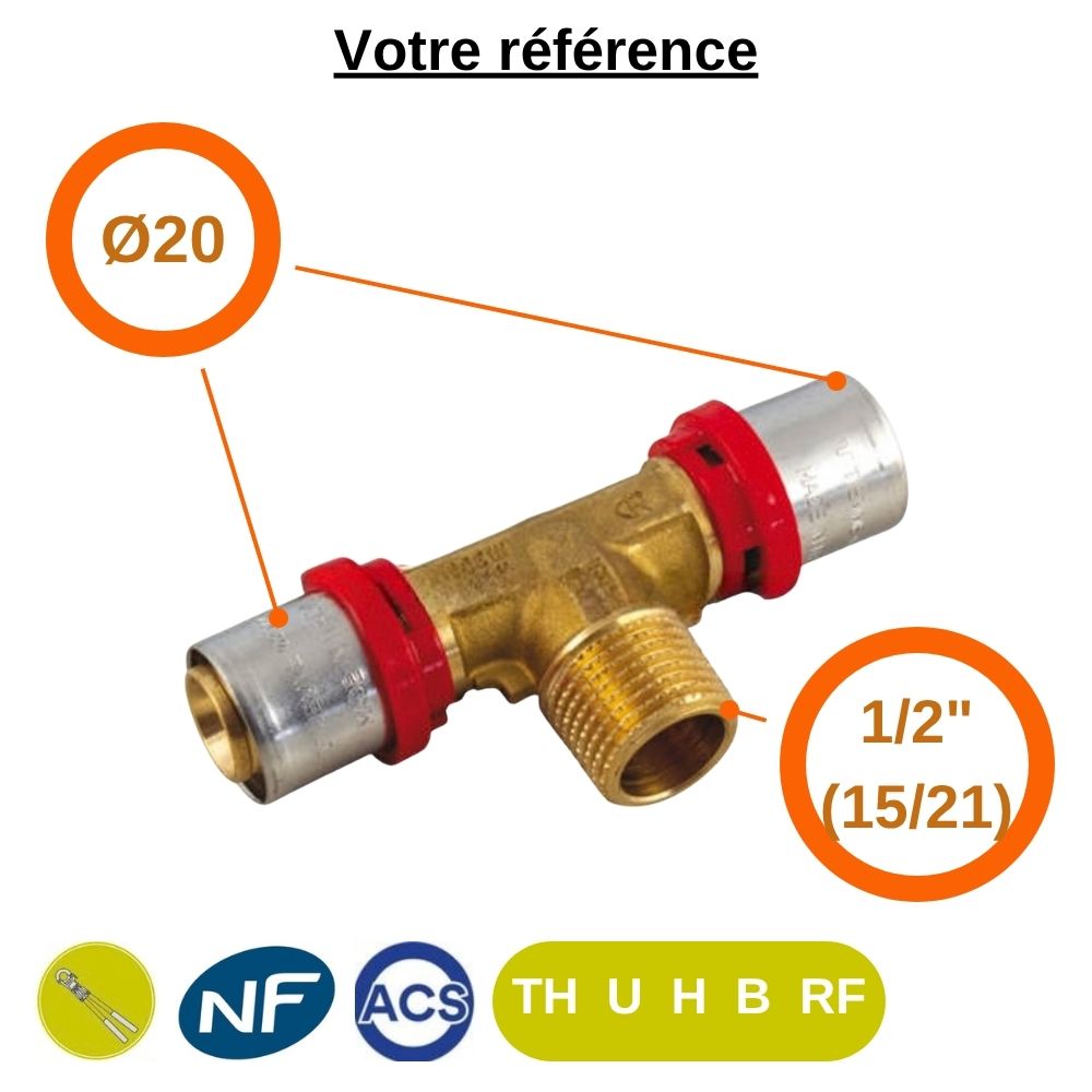 Té multicouche à sertir Ø20 et centre mâle 1/2'' (15/21) - Tiemme