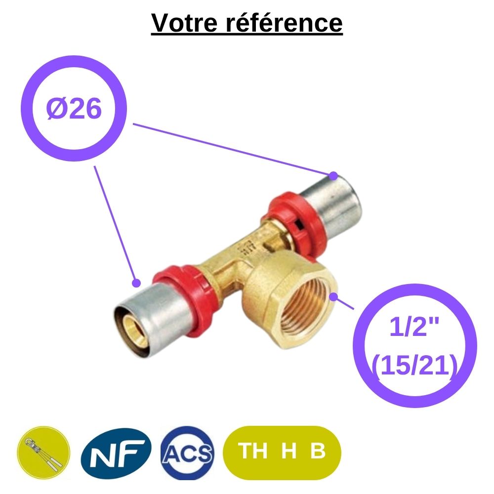 Té multicouche à sertir Ø26 et centre femelle 1/2'' (15/21) - Tiemme