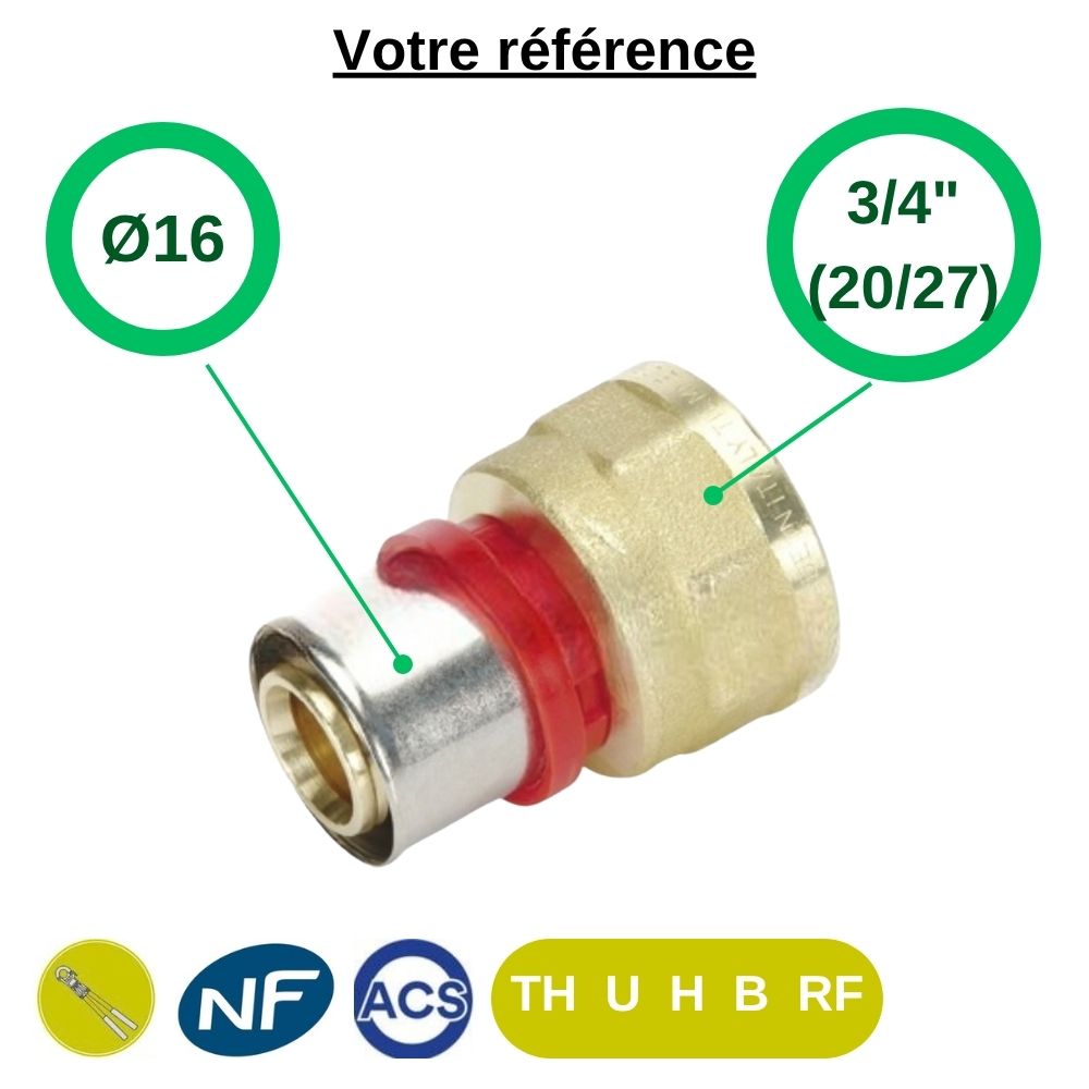 Raccord multicouche droit à sertir Ø16 - femelle 3/4'' (20/27) - Tiemme