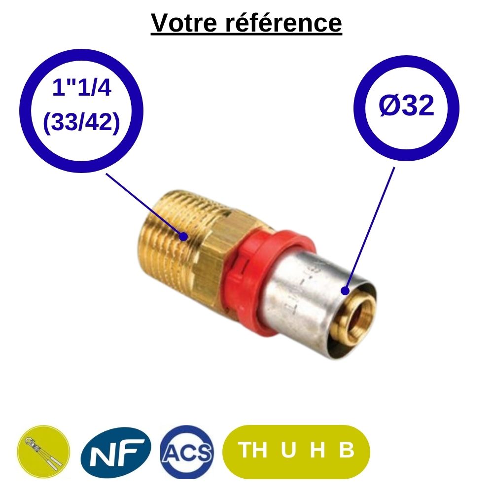 Raccord multicouche droit à sertir Ø32 - mâle 1''1/4 (33/42) - Tiemme