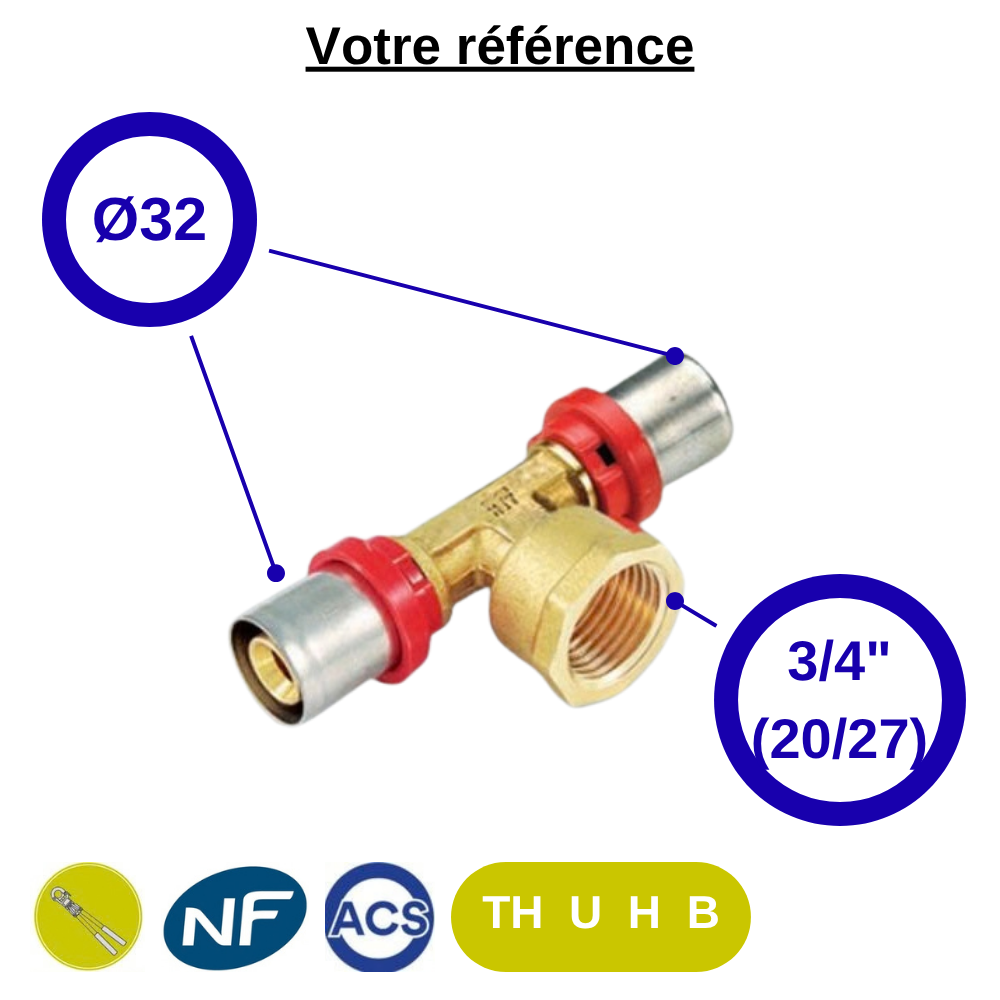 Té multicouche à sertir Ø32 et centre femelle 3/4'' (20/27) - Tiemme