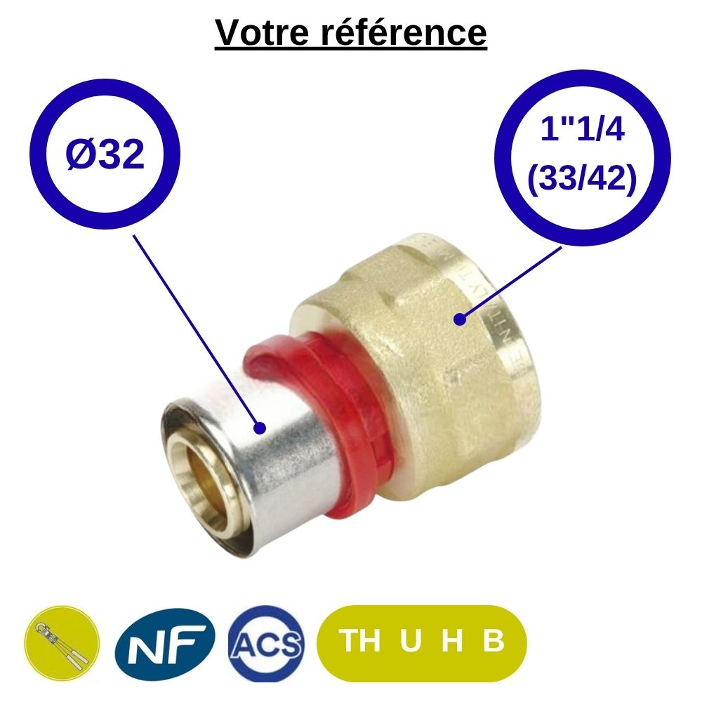 Raccord multicouche droit à sertir Ø32 - femelle 1''1/4 (33/42) - Tiemme