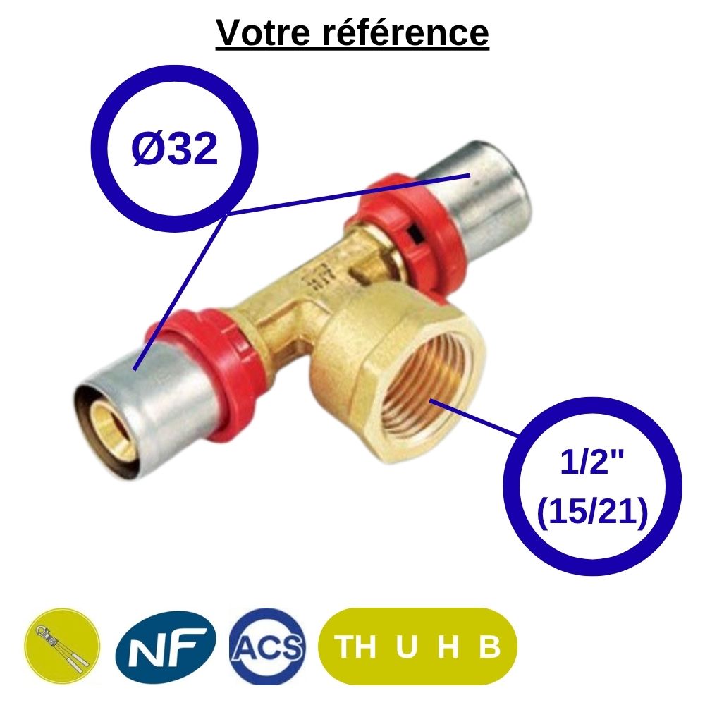 Té multicouche à sertir Ø32 et centre femelle 1/2'' (15/21) - Tiemme