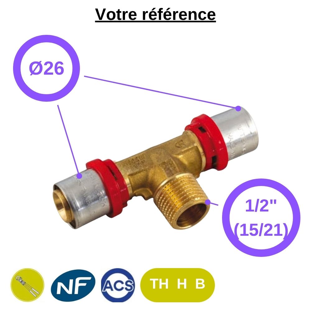 Té multicouche à sertir Ø26 et centre mâle 1/2'' (15/21) - Tiemme