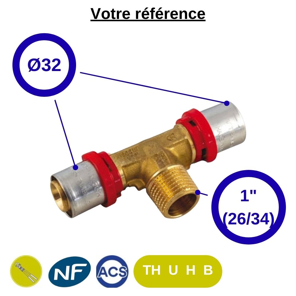 Té multicouche à sertir Ø32 et centre mâle 1'' (26/34) - Tiemme