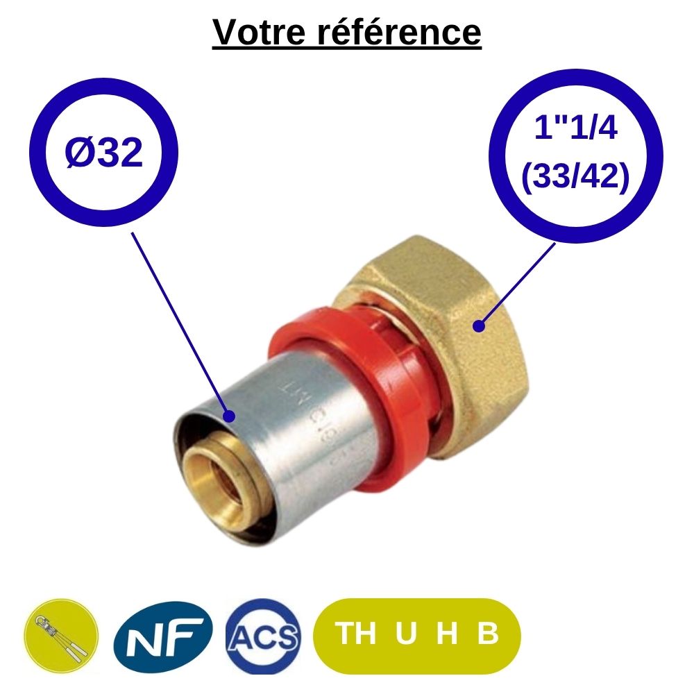Raccord multicouche droit à sertir Ø32 - écrou tournant femelle 1''1/4 (33/42) - Tiemme