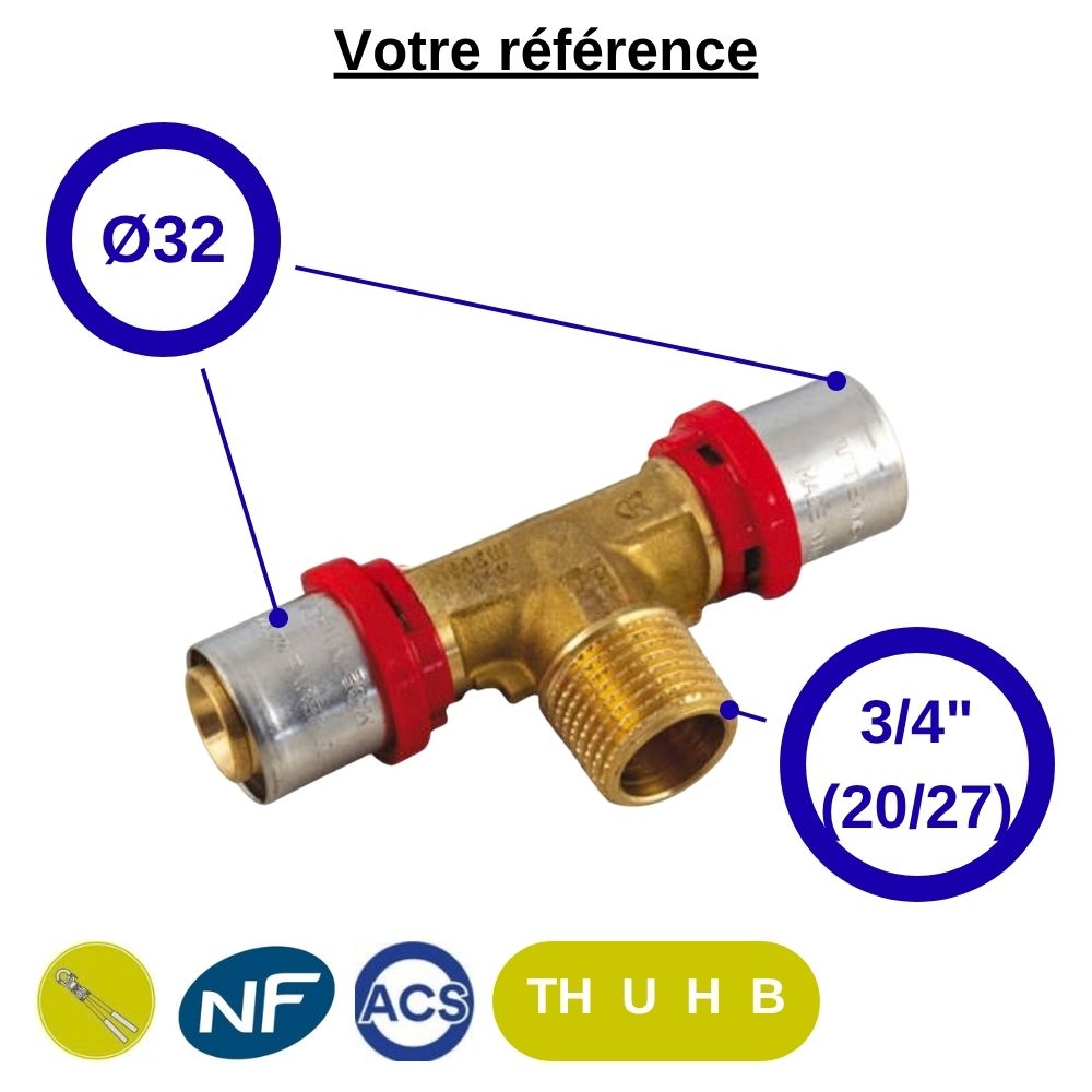 Té multicouche à sertir Ø32 et centre mâle 3/4'' (20/27) - Tiemme