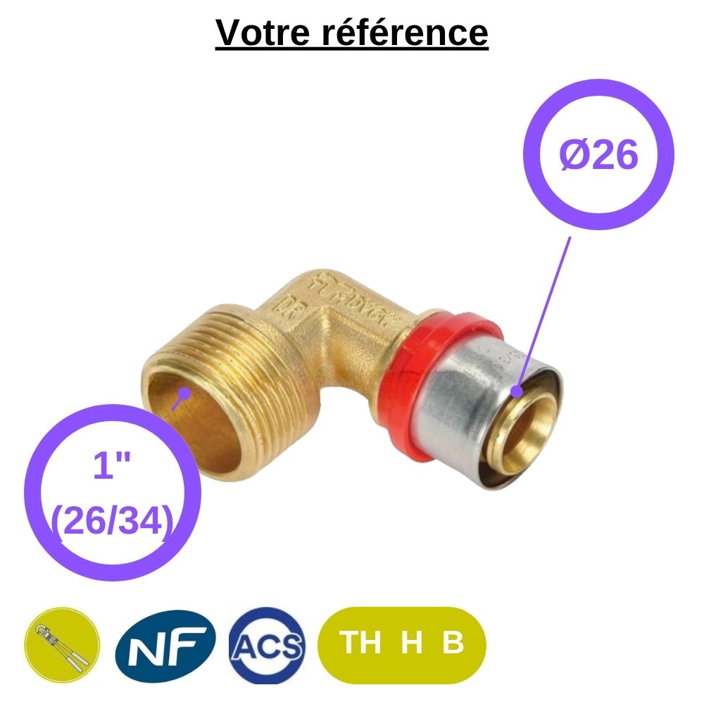 Coude mâle à sertir multicouche Ø26 - mâle 1'' (26/34) - Tiemme
