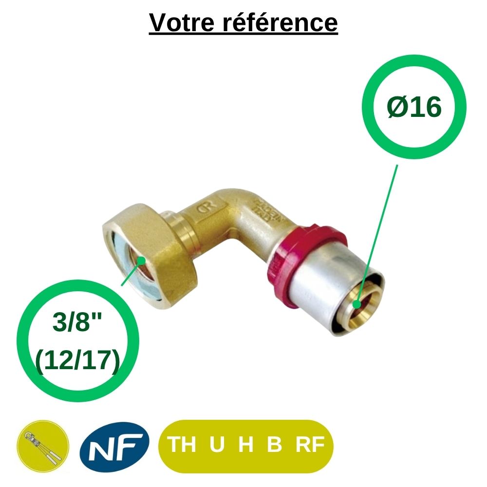 Coude femelle à sertir multicouche Ø16 - écrou tournant femelle 3/8'' (12/17) - Tiemme