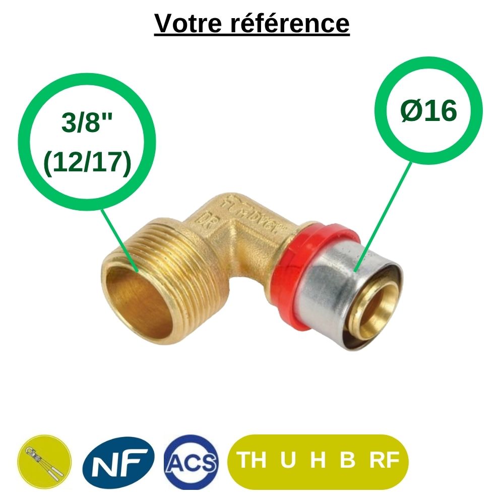 Coude mâle à sertir multicouche Ø16 - mâle 3/8'' (12/17) - Tiemme