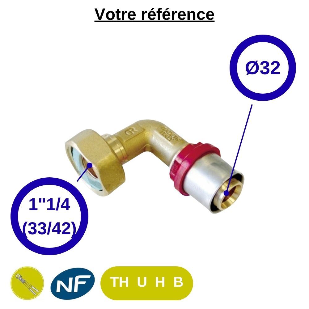 Coude femelle à sertir multicouche Ø32 - écrou tournant femelle 1-1/4'' (33/42) - Tiemme