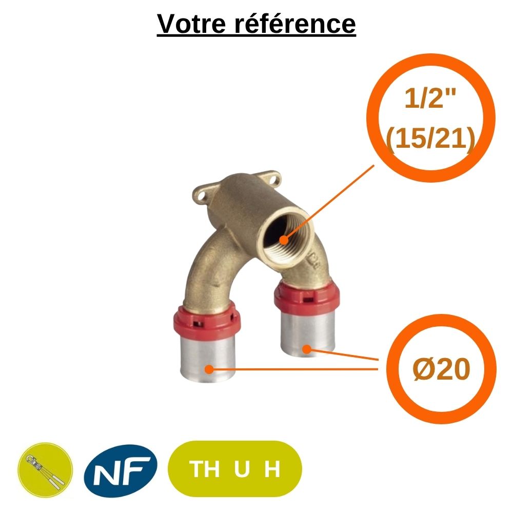 Coude double à sertir multicouche Ø20 - femelle 1/2'' (15/21) platine en U - Tiemme