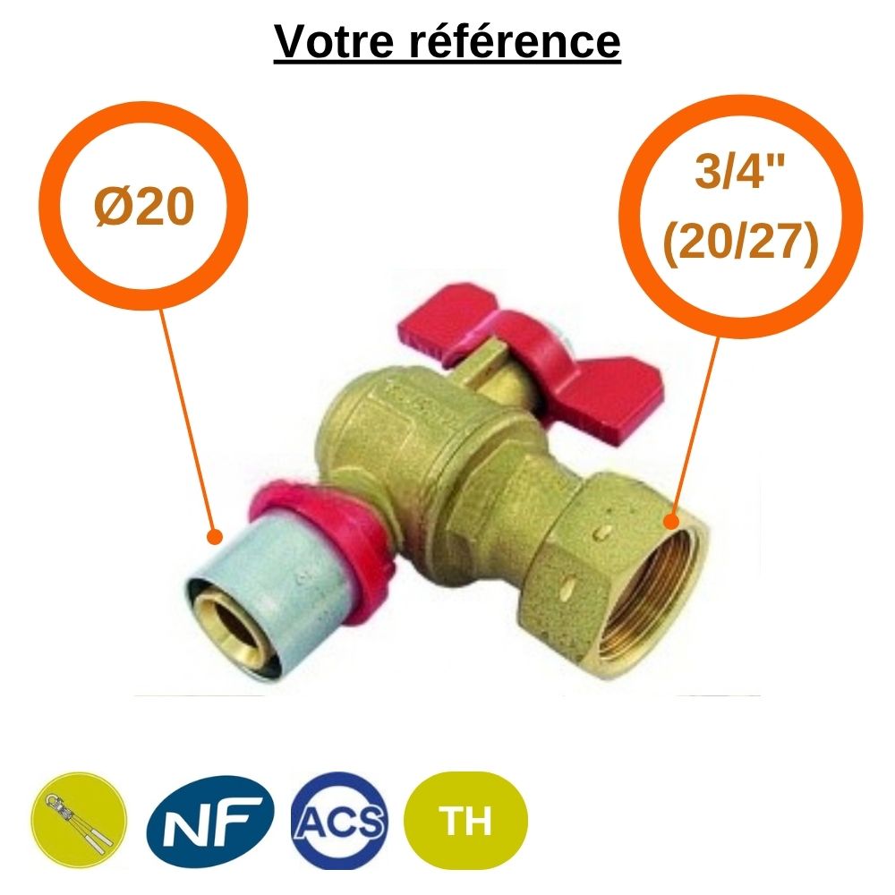 Vanne coudée papillon rouge à sertir TH Multicouche Ø20 - écrou tournant libre 3/4'' (20/27) - Tiemme