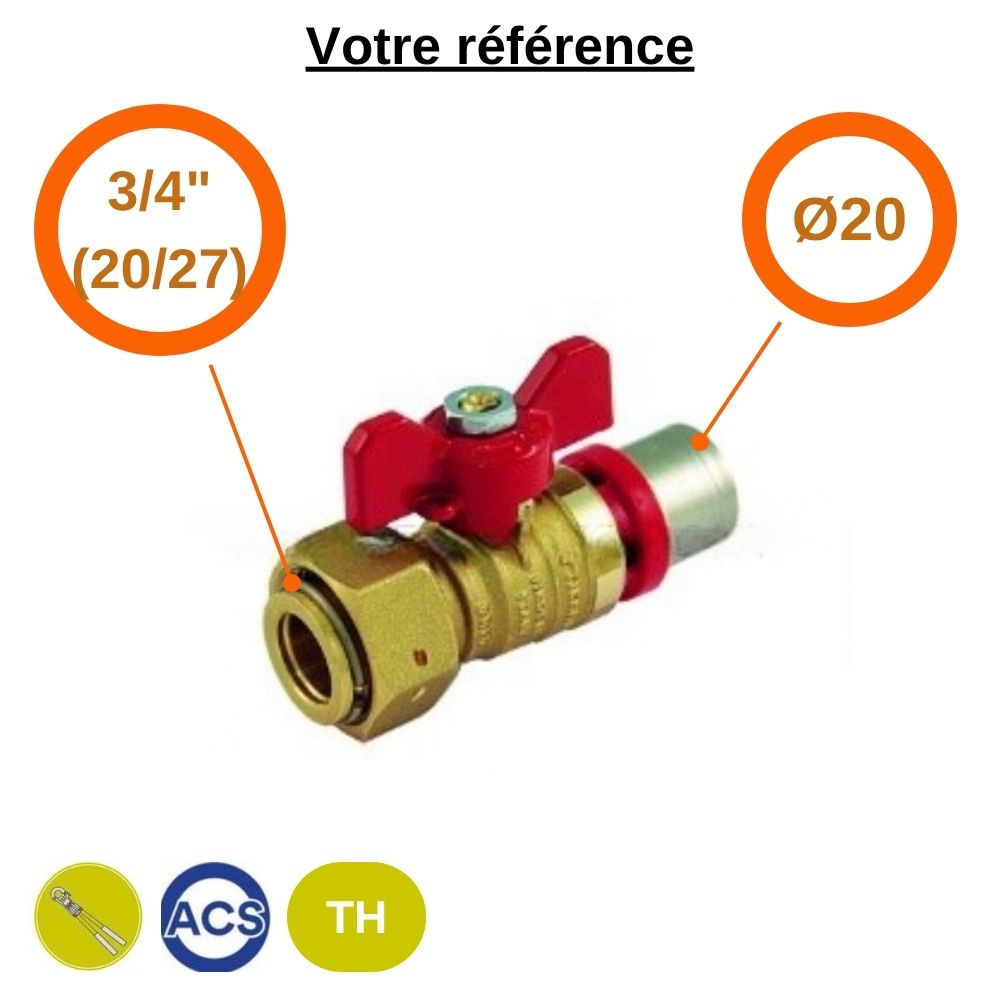 Vanne droite papillon rouge à sertir multicouche Ø20 - écrou tournant libre 3/4'' (20/27) - Tiemme