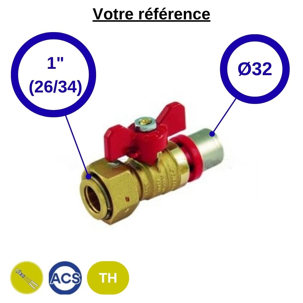 Vanne droite papillon rouge à sertir multicouche Ø32 - écrou tournant libre 1'' (26/34) - Tiemme