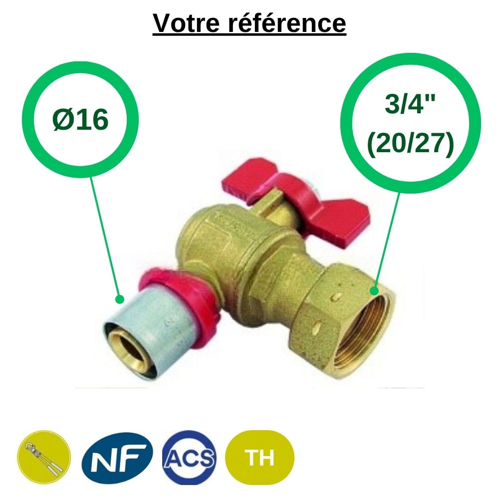 Vanne coudée papillon rouge à sertir multicouche Ø16 - écrou tournant libre 3/4'' (20/27) - Tiemme