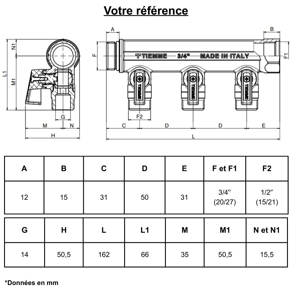 Collecteur mâle-femelle 3/4'' (20/27), 3 départs mâle 1/2'' (15/21), vanne rouge, pour sanitaire - Tiemme