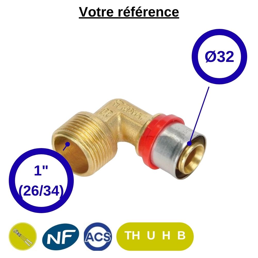 Coude mâle à sertir multicouche Ø32 - mâle 1'' (26/34) - Tiemme
