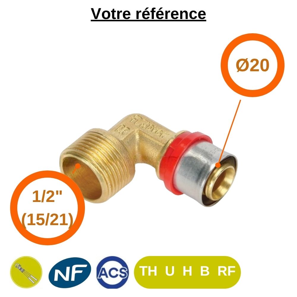 Coude mâle à sertir multicouche Ø20 - mâle 1/2'' (15/21) - Tiemme